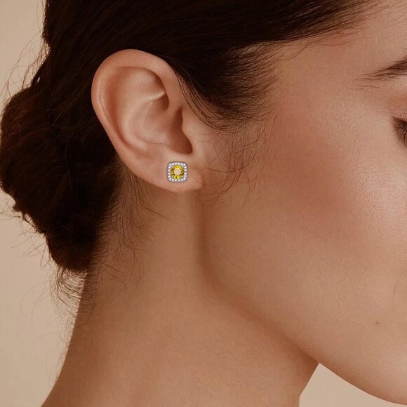 Women's Yellow Square Simulated Dainty Diamond Halo Sparkling Stud Earring - Picture 4 of 9
